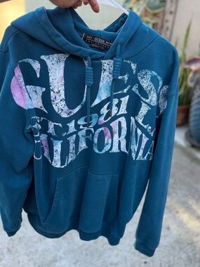 GUESS Teal Graphic Pullover Hoodie with Faded Multi-Color Logo